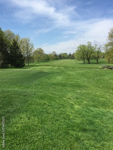Beautiful view looking down the fairway of a public golf course on a clear warm summer day. Perfect leisure activity sport to play early in the morning. Vertical framed photo
