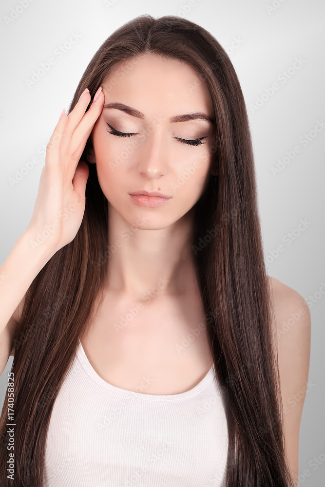 Health And Pain. Stressed Exhausted Young Woman Having Strong Tension Headache. Closeup Portrait Of Beautiful Sick Girl Suffering From Head Migraine, Feeling Pressure And Stress. High Resolution Image Health And Pain. Stressed Exhausted Young Woman Having Strong Tension Headache. Closeup Portrait Of Beautiful Sick Girl Suffering From Head Migraine, Feeling Pressure And Stress. High Resolution Image
