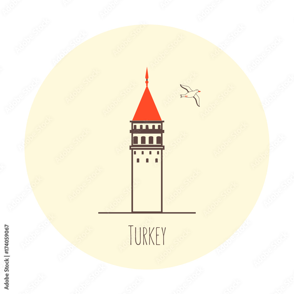 Turkey landmark Galata tower of Istanbul city cartoon vector illustration isolated on light background, travel icons, decorative colorful sign building, line art style for design advertising, printing