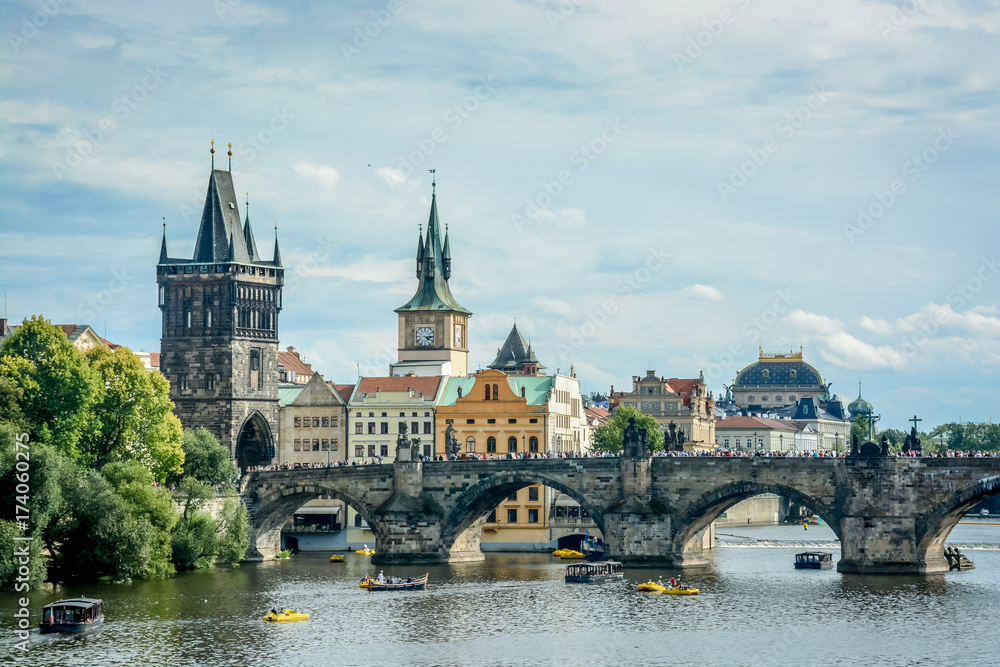 View of the Vitava River and The Charles Bridge in Prague Czech Republic