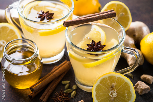 Ginger tea with lemon, honey and spices.