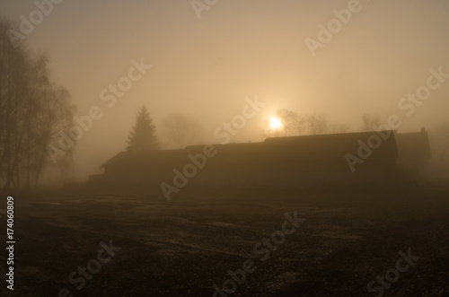 Foggy sunrise, morning in the countryside, Czech Republic