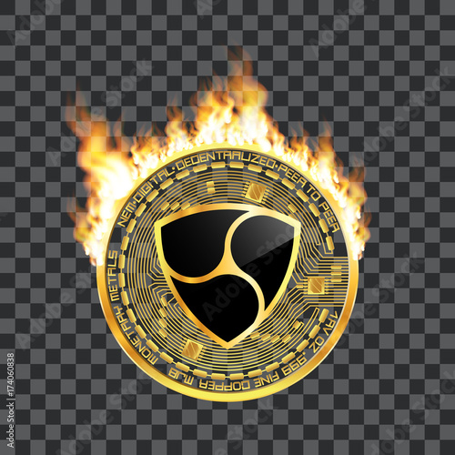 Crypto currency golden coin with black lackered nem symbol on obverse surrounded by realistic flame and isolated on transparent background. Vector illustration.