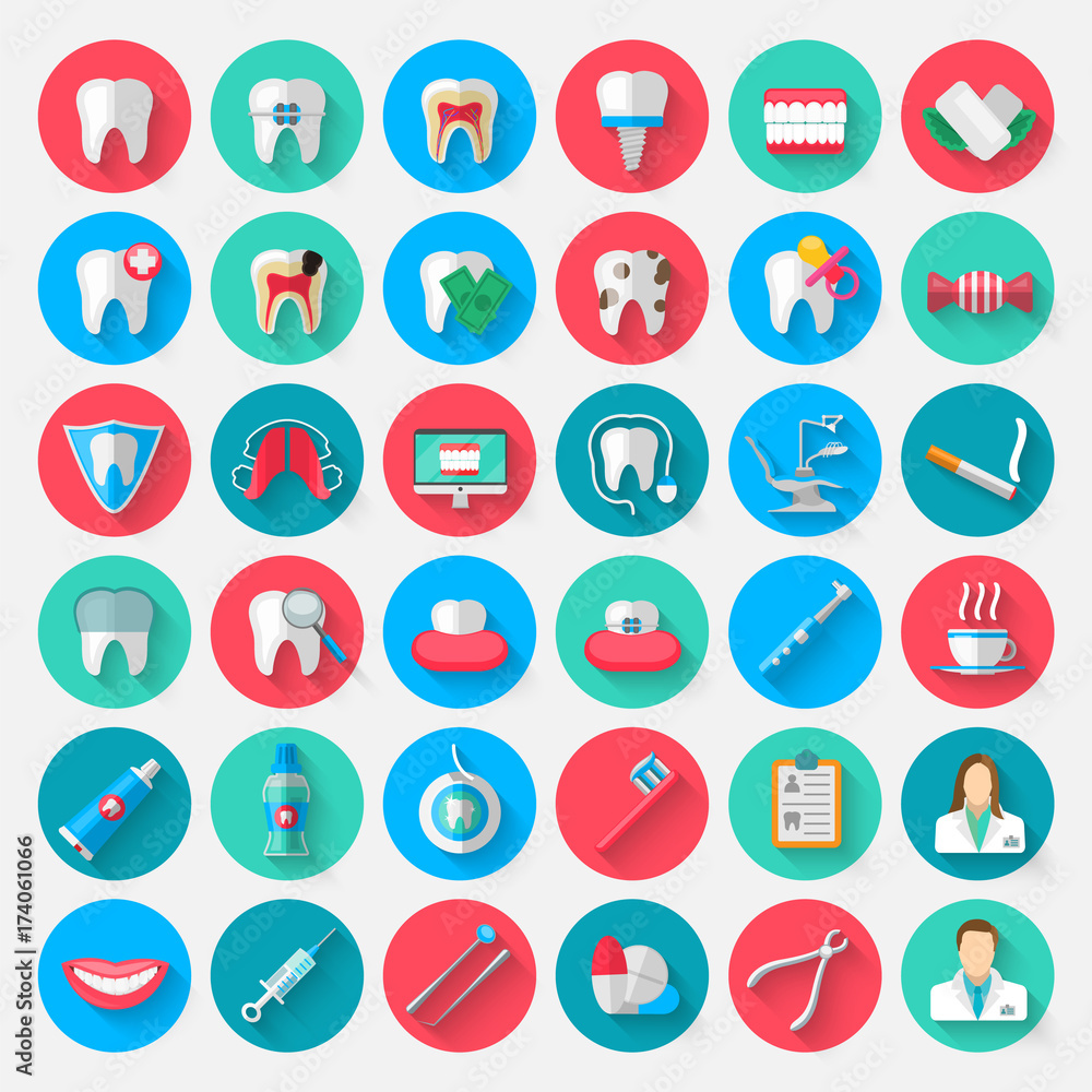 Dentistry icons isolated in a flat design style. Vector Illustration Symbols elements on the topic of stomatology and orthodontics, dental care, caries, prosthetics, transparent and metal braces
