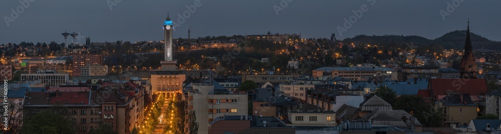 Extra wide night panorama of Silesian Ostrava with new city hall, evangelic curch and  Michalkovice hill, Czech Republic
