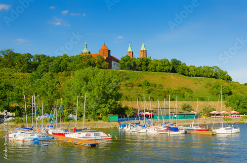 15 of June, 2015, Editorial photo of old town Plock from Vistula pier with river and boats, Plock, Poland
