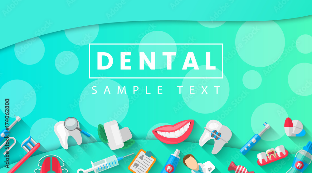 Dental Banner Background Concept With Flat Icons Isolated. Vector Illustration, Dentistry, Orthodontics. Healthy clean teeth. Dental instruments and equipment. Illustration for your projects Dental Banner Background Concept With Flat Icons Isolated. Vector Illustration, Dentistry, Orthodontics. Healthy clean teeth. Dental instruments and equipment. Illustration for your projects