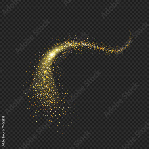 Gold glittering star dust trail. Sparkling magic vector space comet tail illustration