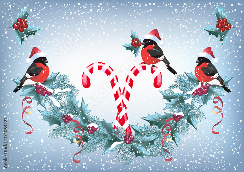 Christmas card with christmas garland and  bullfinches in Santa hat  in retro style