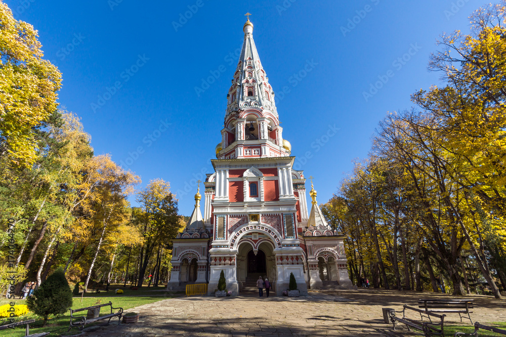 Naklejka premium Autumn view of Russian church (Monastery Nativity) in town of Shipka, Stara Zagora Region, Bulgaria