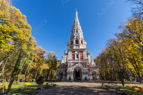 Autumn view of Russian church (Monastery Nativity) in town of Shipka, Stara Zagora Region, Bulgaria