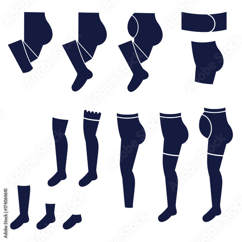 Different types of women's socks, tights and stockings as glyph icons