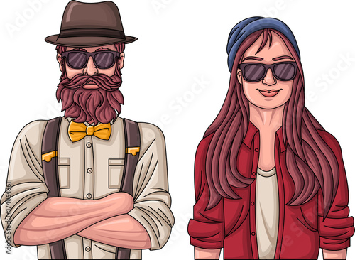 Couple of hipster people wearing vintage clothes.
