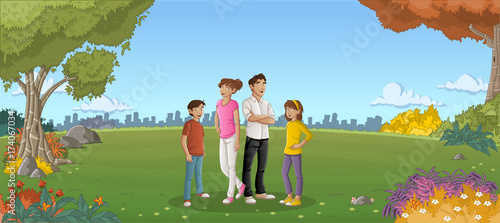Cartoon family in a green park with grass and trees. Nature landscape.
