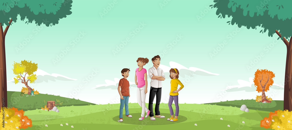 Cartoon family in a green park with grass and trees. Nature landscape.
Cartoon family in a green park with grass and trees. Nature landscape.