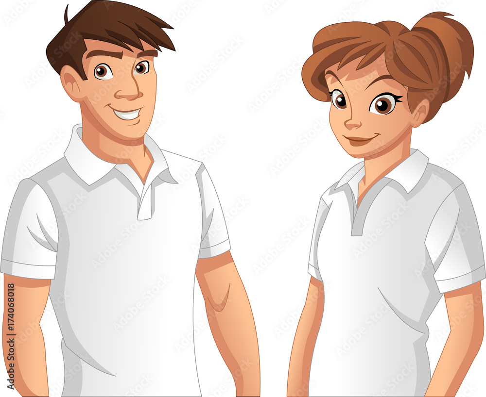 Couple of cartoon young people wearing white polo shirt Stock Vector