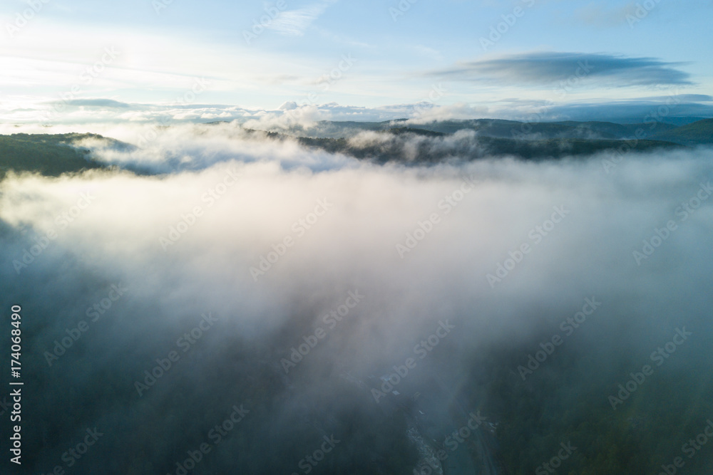 Sunset in the Ural mountains in Karatash ridge. Flying by drone