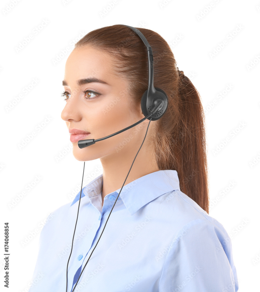 Young woman with headset on white background Young woman with headset on white background