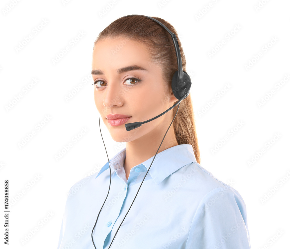 Young woman with headset on white background Young woman with headset on white background