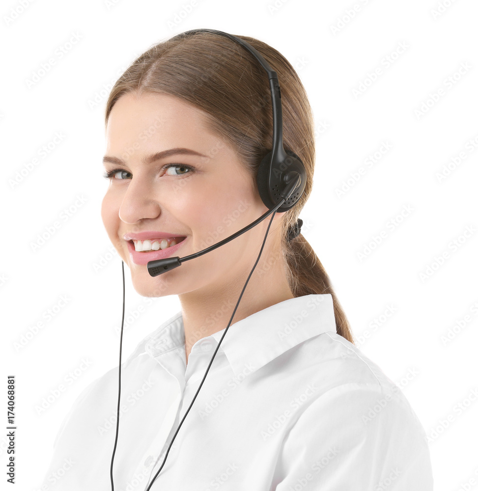 Young woman with headset on white background Young woman with headset on white background