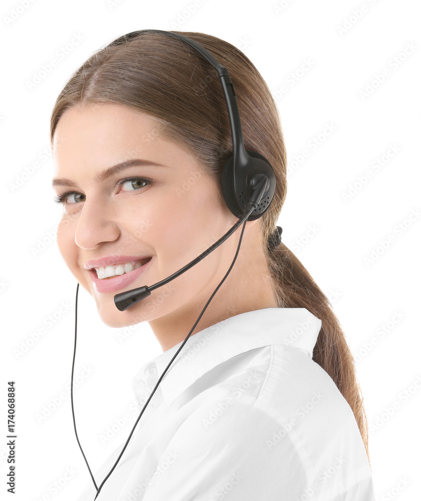 Young woman with headset on white background Young woman with headset on white background