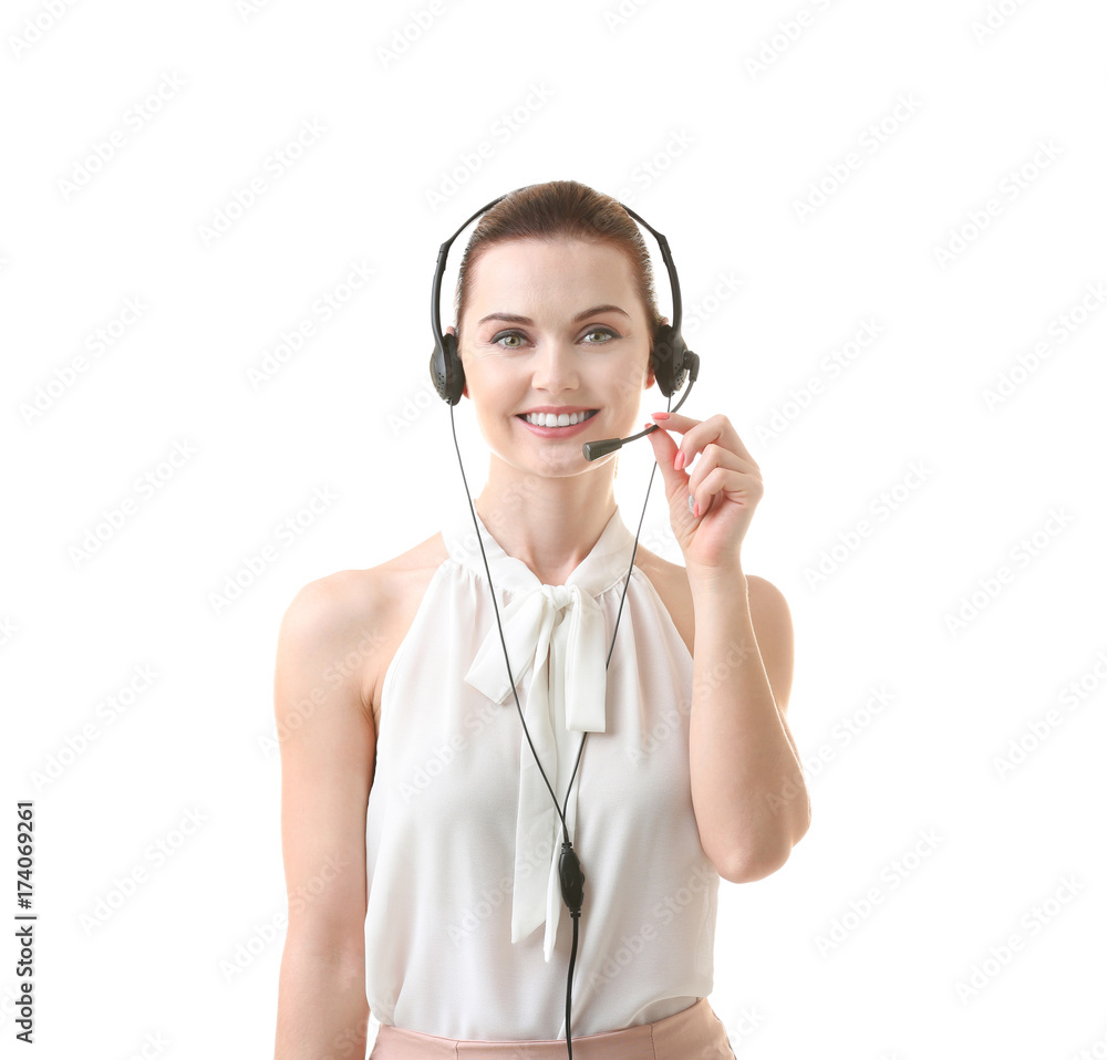 Young woman with headset on white background Young woman with headset on white background
