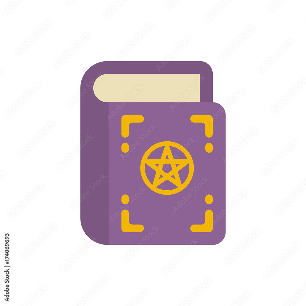 Withes spell book flat icon. Purple occult book with pentagram on cover. Halloween flat illustration Withes spell book flat icon. Purple occult book with pentagram on cover. Halloween flat illustration