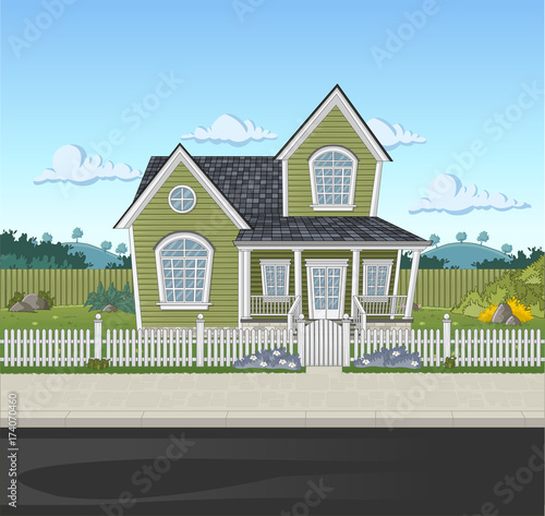 Colorful house in suburb neighborhood. Green park landscape with grass, trees, flowers and clouds.
