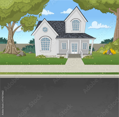 Colorful house in suburb neighborhood. Green park landscape with grass, trees, flowers and clouds.
