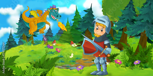 cartoon background of a dragon in the forest - illustration for children