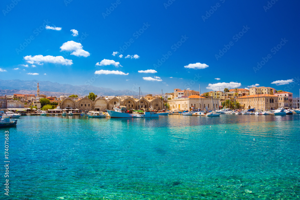 View of the old harbor of Chania, Crete, Greece.
