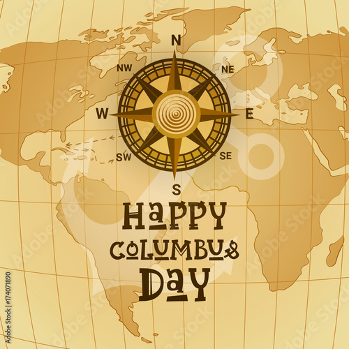 Happy Columbus Day National Usa Holiday Greeting Card With Compass Over World Map Flat Vector Illustration