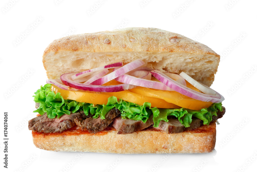 Steak sandwich on white background Steak sandwich on white background