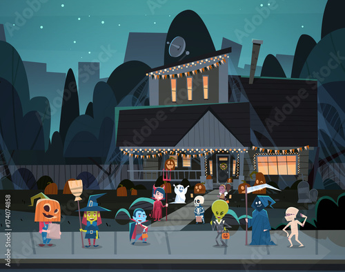 Kids Wearing Monsters Costumes Walking In Town Tricks Or Treat Happy Halloween Banner Holiday Concept Vector Illustration