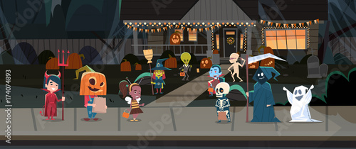 Kids Wearing Monsters Costumes Walking In Town Tricks Or Treat Happy Halloween Banner Holiday Concept Vector Illustration