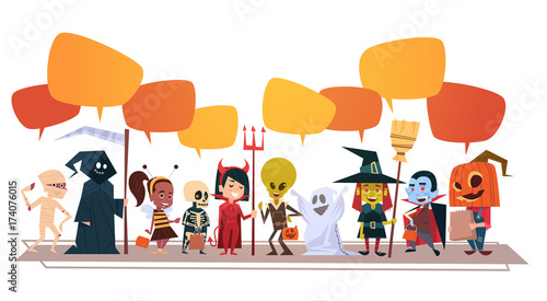 Happy Halloween Banner Holiday Decoration Horror Party Greeting Card Cute Cartoon Monsters With Chat Bubbles Flat Vector Illustration
