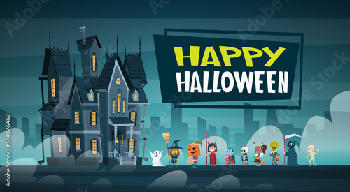 Happy Halloween Banner Holiday Decoration Horror Party Greeting Card Cute Cartoon Monsters Walking To Dark Castle With Ghosts Flat Vector Illustration