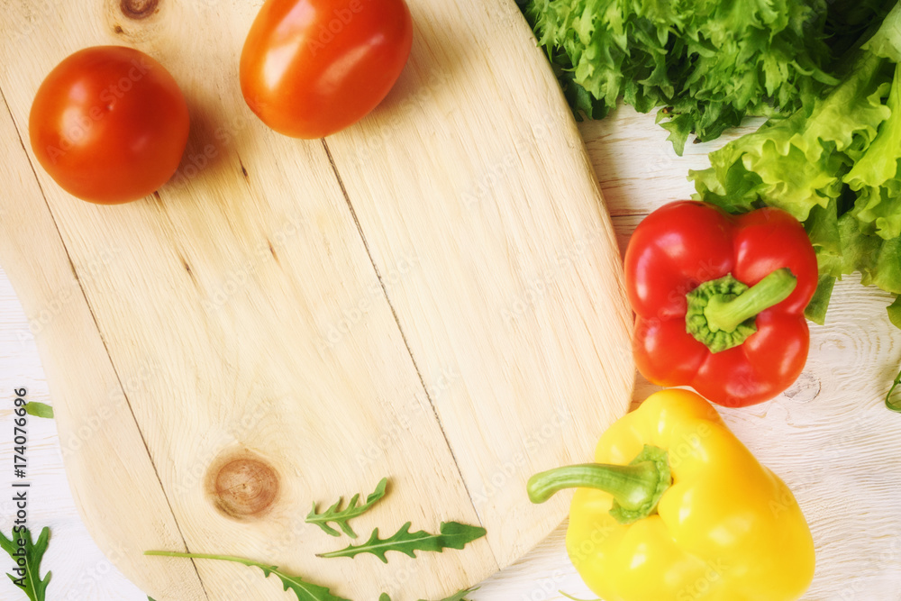bell pepper, green salad and arugula, top view bell pepper, green salad and arugula, top view