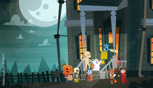 Kids Wearing Monsters Costumes Walking To House Get Candy Tricks Or Treat Happy Halloween Banner Holiday Concept Vector Illustration