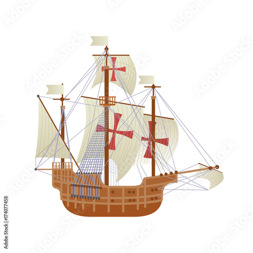 Happy Columbus Day National Usa Holiday Greeting Card With Ship Isolated On White Background Flat Vector Illustration