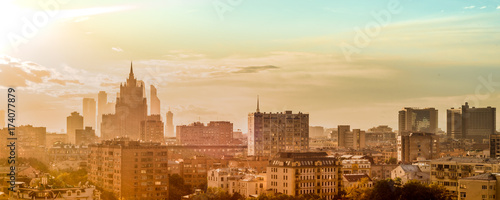 Photography The view of the city from a tall building, rain, sun, moscow city, russia, Sovie