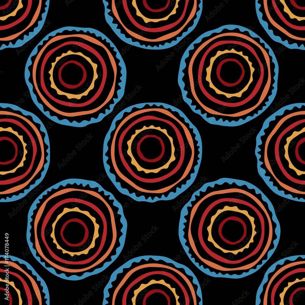 Fototapeta premium African ethnic seamless pattern for fabric, textile, paper. Vector bright illustration on black background