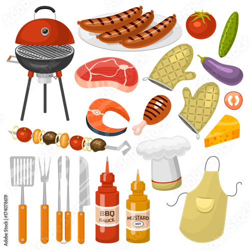 Barbecue party products BBQ grilling kitchen outdoor family time cuisine vector icons illustration