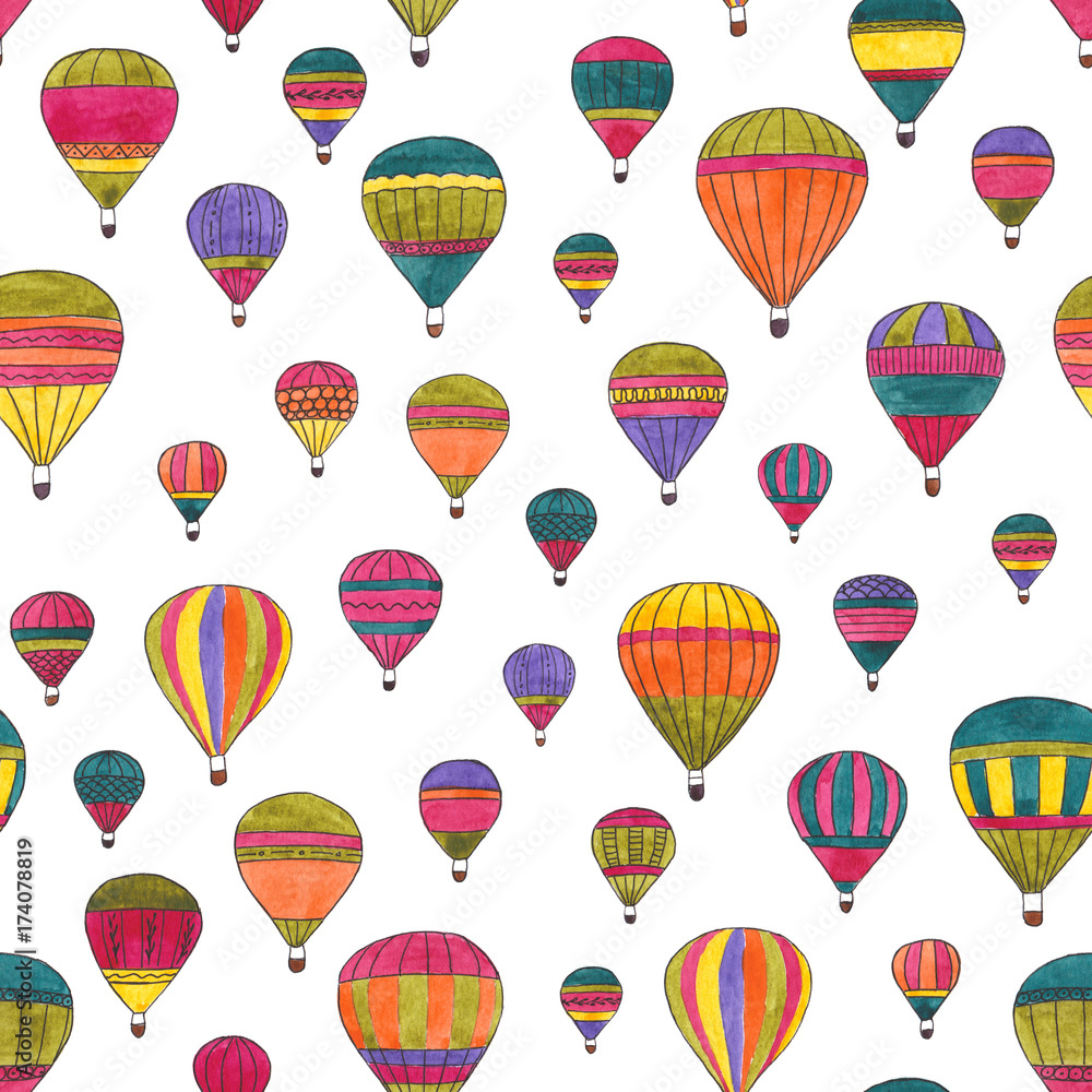 Hot air balloons watercolor hand drawn seamless pattern