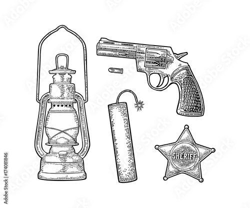 Set with Wild West. Vector vintage engraving black illustration
