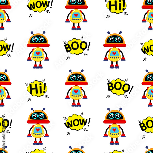 A cute, small, friendly yellow robot, with antennas and a heart on a breast monitor, good vintage eyes and comic-style inscriptions.Abstract seamless pattern for girls or boys. Creative vector print