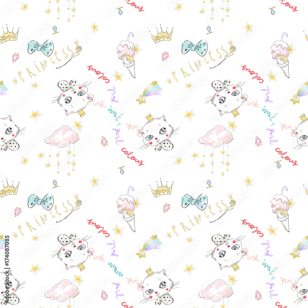 Cute seamless pattern with princess cat, crowns and ice cream. Vector baby design for fashion apparels, t shirt, stickers and printed tee design. Cute seamless pattern with princess cat, crowns and ice cream. Vector baby design for fashion apparels, t shirt, stickers and printed tee design.