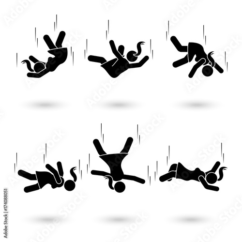 Falling woman stick figure pictogram. Different positions of flying person icon set symbol posture on white