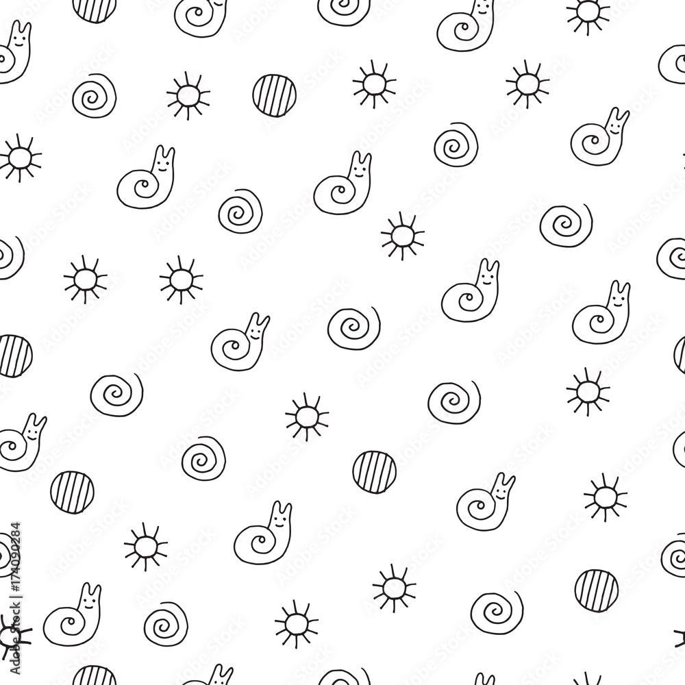 Children drawing of snail seamless pattern. Doodle kids drawn ar Children drawing of snail seamless pattern. Doodle kids drawn ar