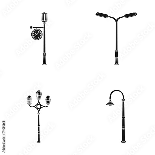 Lamppost in retro style,modern lantern, torch and other types of streetlights. Lamppost set collection icons in black style vector symbol stock illustration web.